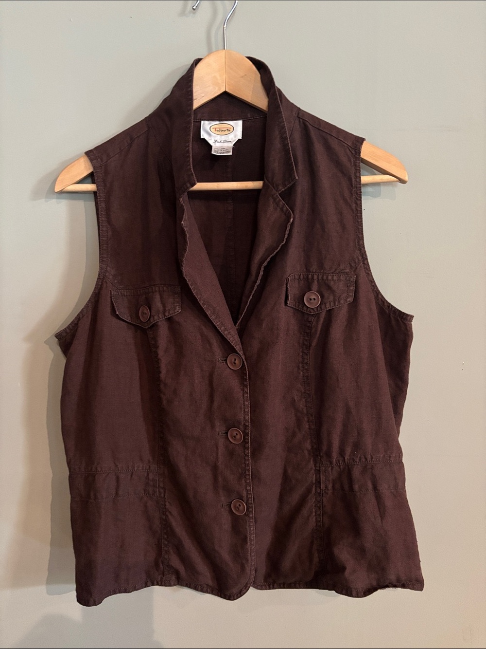 Talbots Irish Linen Vest Medium Brown 100% Linen Button Front Lightweight
